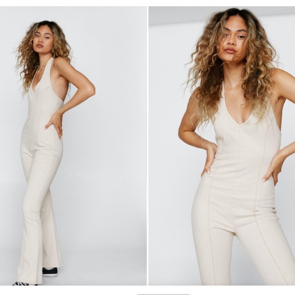 Fitted Halter Neck Denim Jumpsuit - Picture 2 of 7